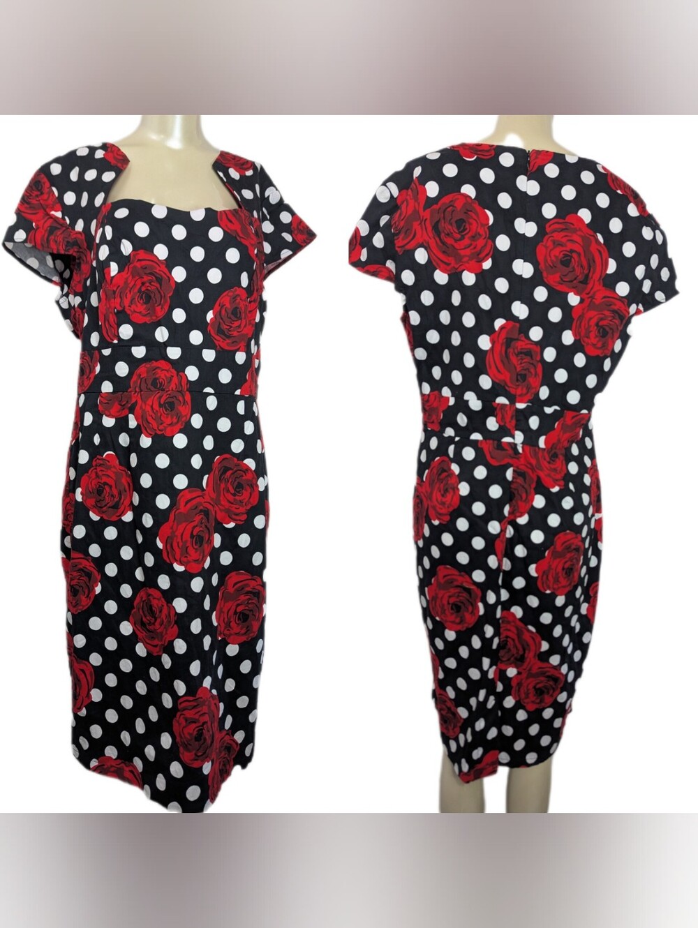 Grace Karin Polka Dot Rose Sheath Dress Black & Red Pin Up XL